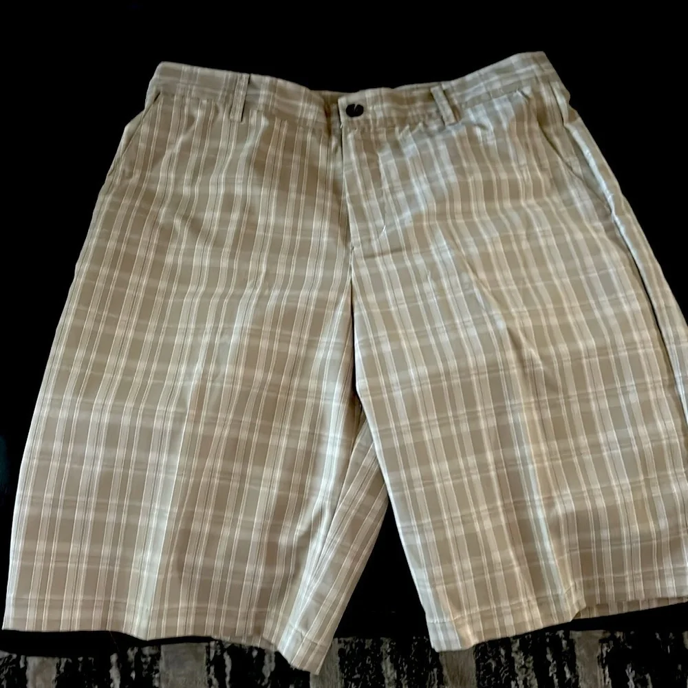 Men’s adidas 32 brown and tan plaid shorts